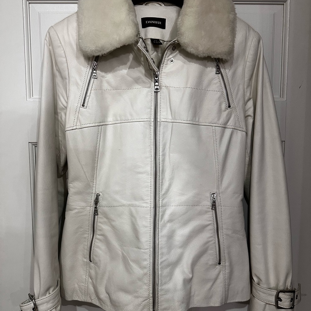 Danier White Leather Jacket with Fur Collar